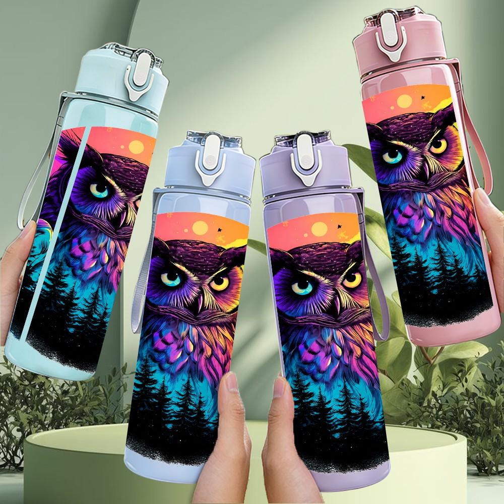1PC Rainbow Colorful Owl 750ml Color Plastic Sports Water Bottle Leakproof Flip Straw Lid Suitable for Sports Office Home Use