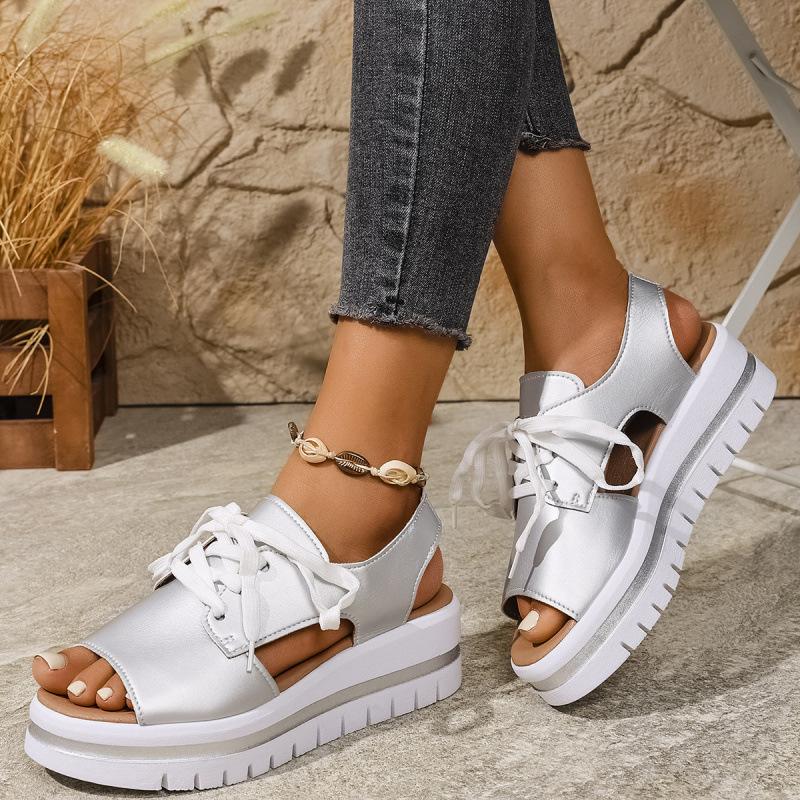 

Plus Size Shoes for Women 36-43 Summer Fashion Wedges Platform Lace Up Comfortable Sandals Casual Non-slip Footwear 43 срібний