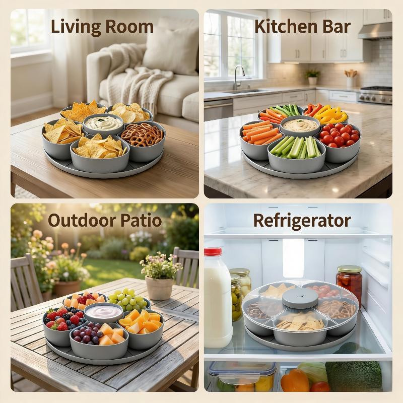 

Divided Serving Tray That Spins - Perfect For Snacks, Dips & Party Appetizers, Rotating Snack Box Container With Lid серый