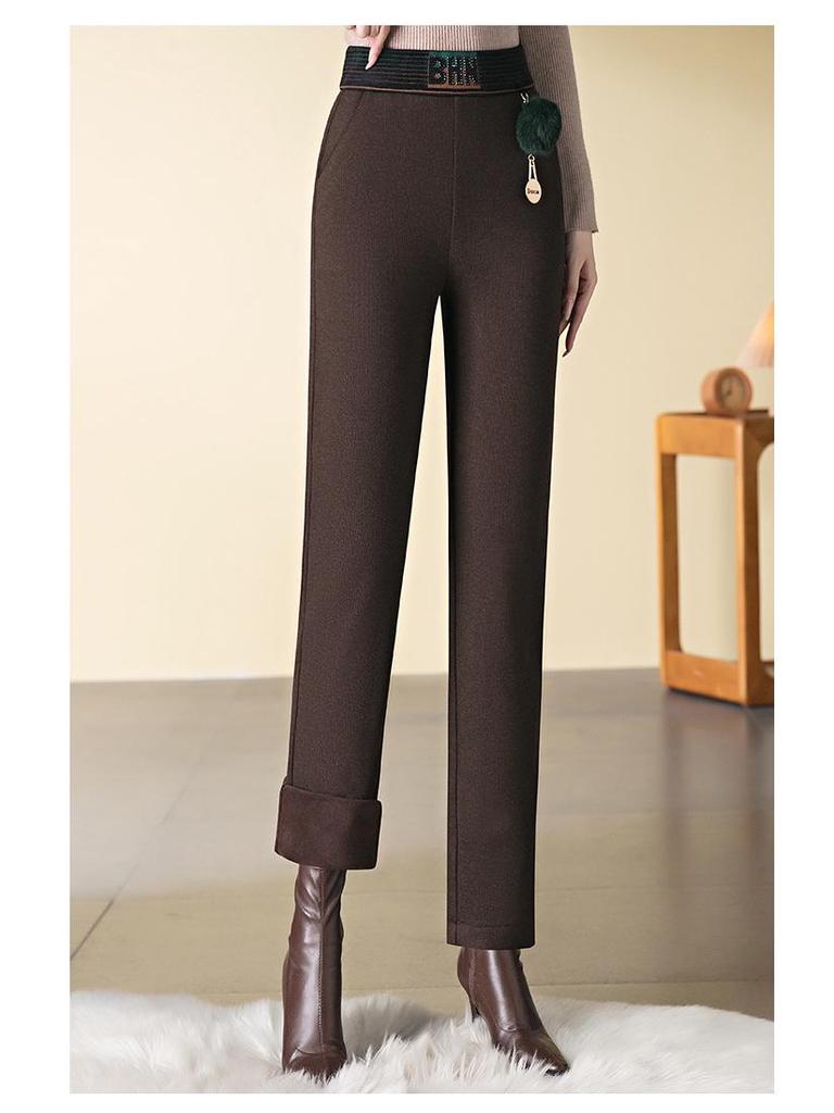 Damen Fleecegefütterte Baguette-Hose: Lässig, Elastischer hoher Bund, Übergröße, Warmes gerades Bein für Herbst/Winter