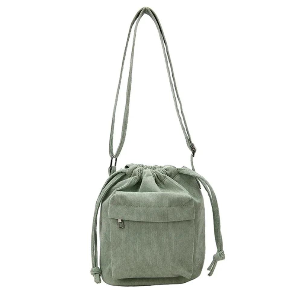 Corduroy Drawstring Crossbody Bag Casual Bucket Purse with Adjustable Strap for Daily Use Travel Shopping School