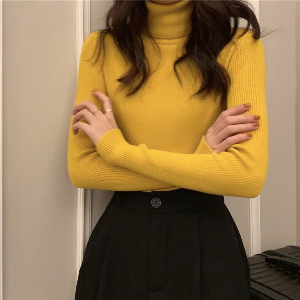 Svetr s vysokým límcem pro ženy, Slim fit a zeštíhlující top na podzim a zimu, Černé pletené základní triko se stylovým vzhledem