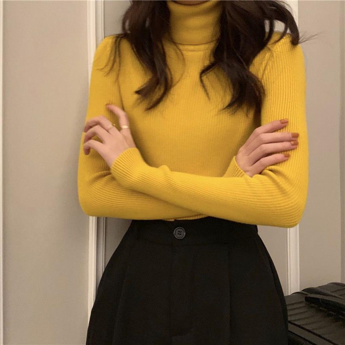 

Свитер с высоким воротником для женщин, облегающий и стройнящий топ для осени и зимы, черная вязаная базовая рубашка со стильным видом XL жёлтый