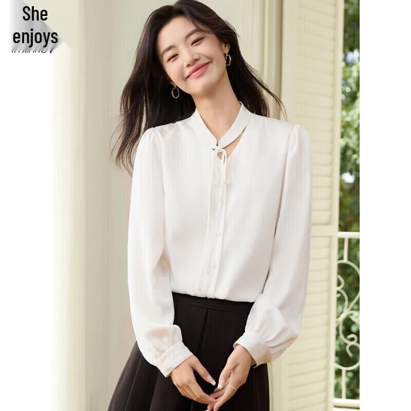 Women s French Style V-Neck Tie White Long Sleeve Blouse M