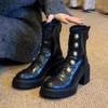High Heel Versatile Platform Martin Boots Women's Badge Metal Buckle Rear Zipper Elastic Tide