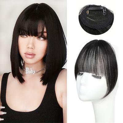 Extensions de cheveux synthétiques lisses à Clip, une pièce, frange avant plate avec frange à Air avec perruque pour femmes, usage quotidien