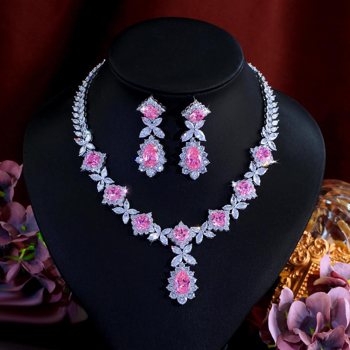 

Popular Jewelry Pink Diamond Necklace Earrings Two-Piece Dress Dress Wedding Dress Pink Zircon Set