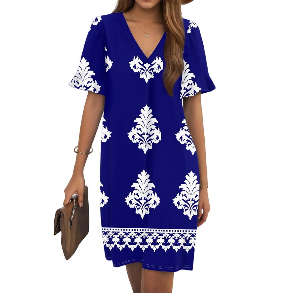 Women's Summer Vintage Print Dress Pleated Short Sleeve V-Neck Pocket Casual Dress