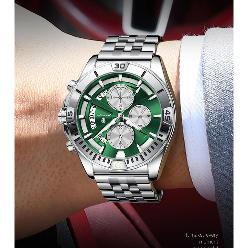 Men Chronograph Watches Stainless Steel Analog Quartz Wrist Watch Waterproof Luminous Date Business Dress Watch for Men