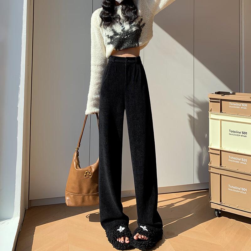 Zuose Women's High-Waisted Wide-Leg Fleece-Lined Casual Trousers