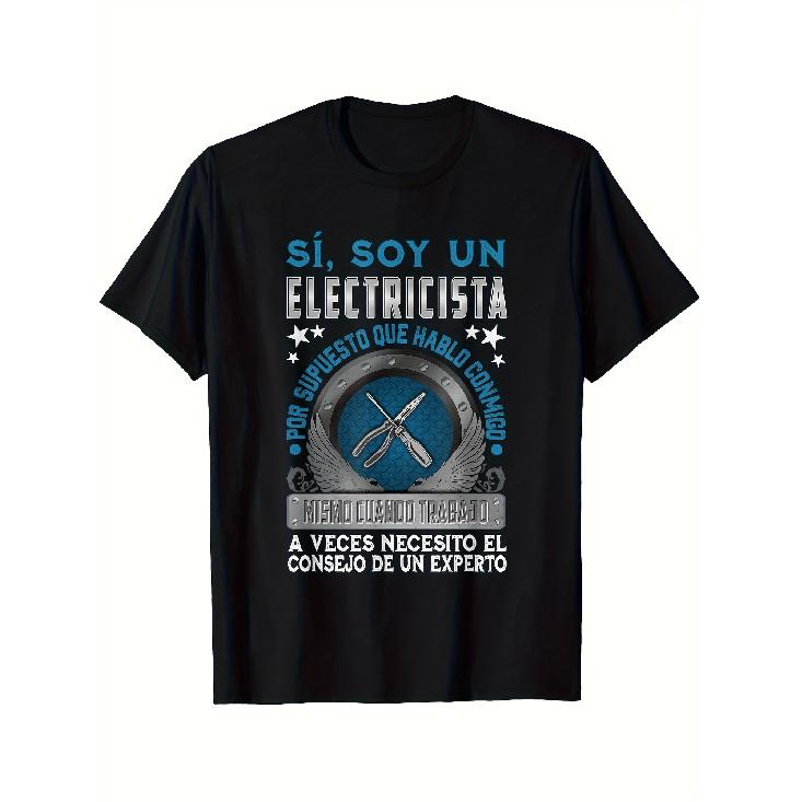 Men'S Funny Electrician T-Shirt - Spanish Humor "Yes I'm an Electrician" Slogan & Tools Graphic, Black Casual Short Sleeve Round Neck Tee, Machine