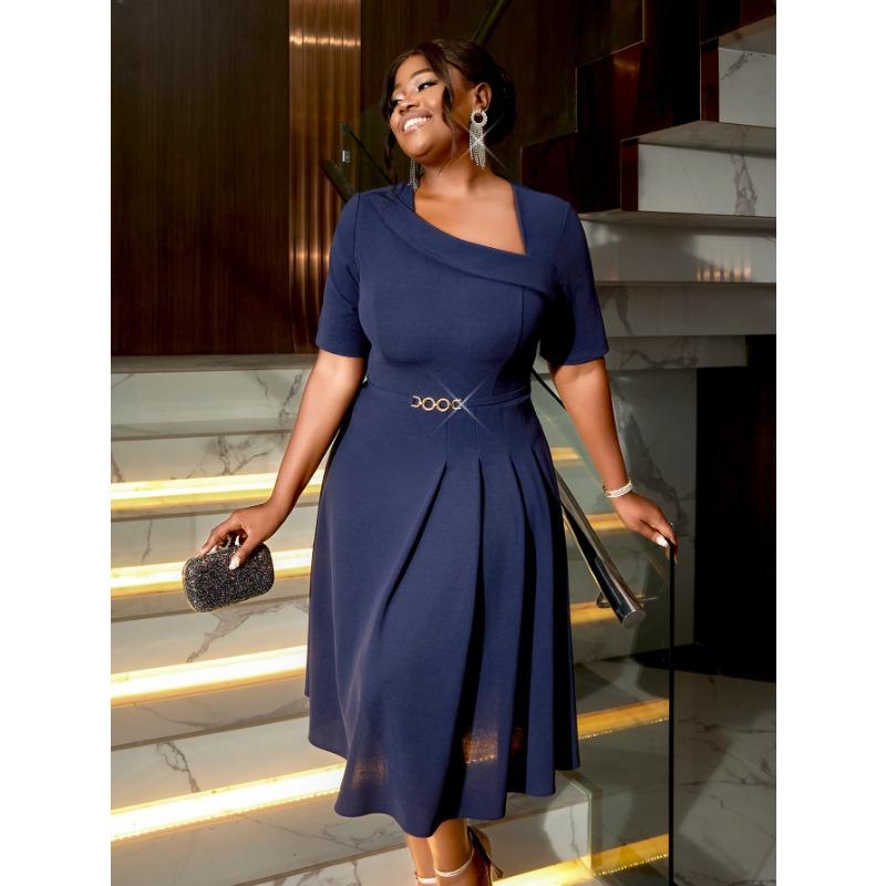 Plus Size Elegant Asymmetrical Neck Mid Length A Line Dress