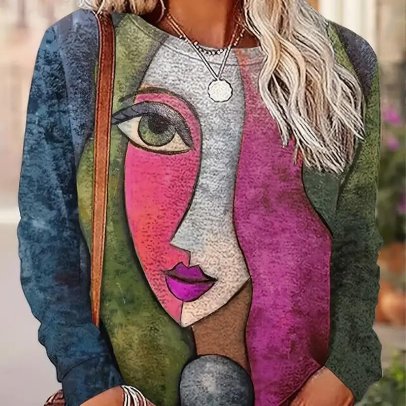 

Топы для женщин, красивая футболка с круглым вырезом и принтом лица, длинный рукав, осенний повседневный тонкий пуловер, женский топ с длинным рукавом 6XL