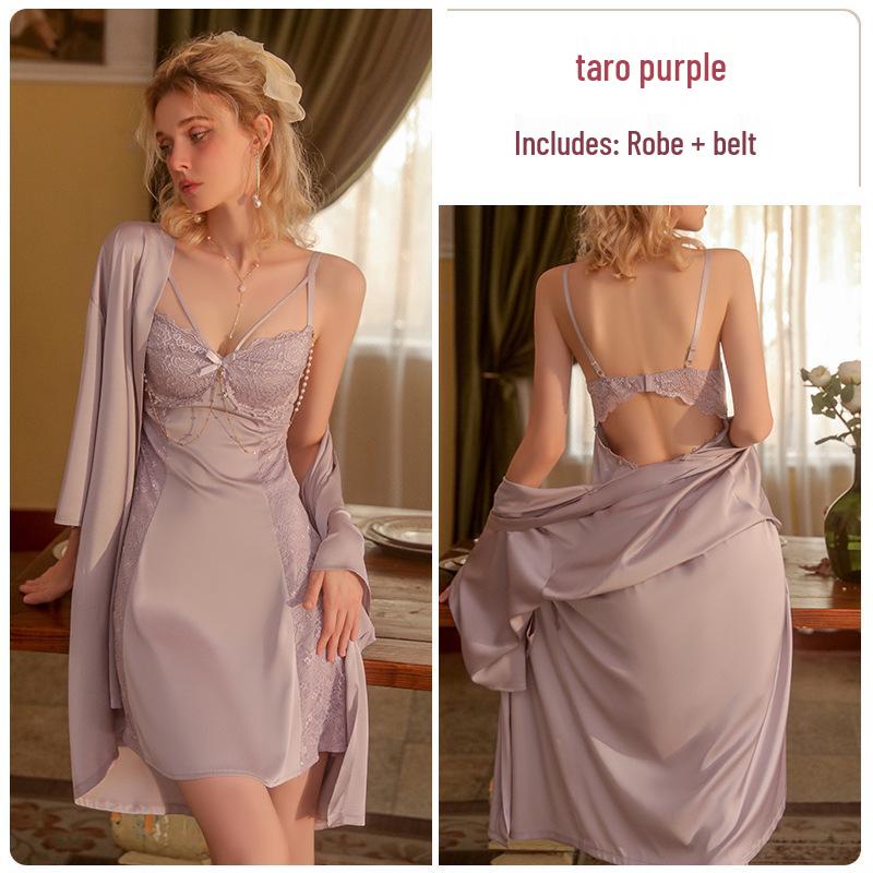 

Women s Autumn/Winter Casual Camisole Nightdress with Chest Pad & Comfortable Outer Robe Homewear Set One Size