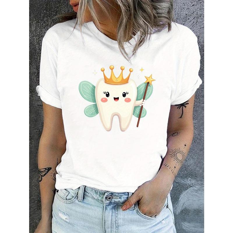 Casual Short-Sleeve Crew Neck T-Shirt Featuring a Tooth Fairy Design, Perfect for Spring And Summer, Designed for Women