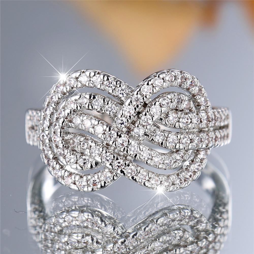 Female White Zircon Stone Finger Infinity Engagement Ring Vintage Silver Color Wedding Band Bridal Jewelry For Women