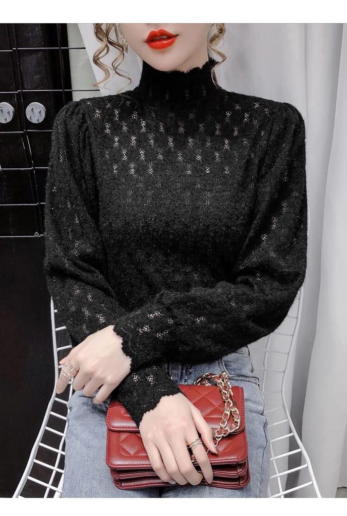 SEYIXU Koronkowa stójka Długa Seksowna i Urocza Koszula Damska Przezroczysty Top, Bluzka, Rękaw, Nadruk, Top, Przezroczysty, Cienki, Całkowicie Koronkowy