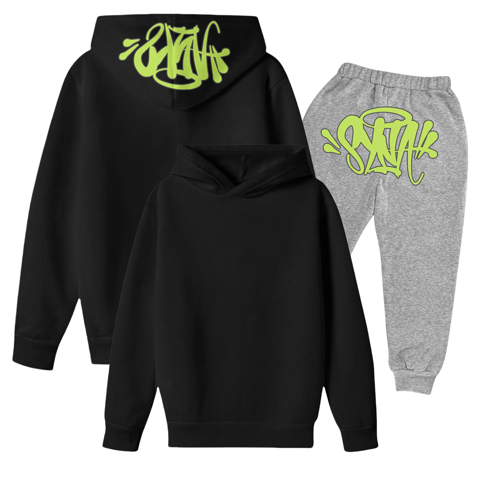 Kids  Long Sleeve Loose Pullover Letter Print Drawstring Hooded Sweatshirt Set 100