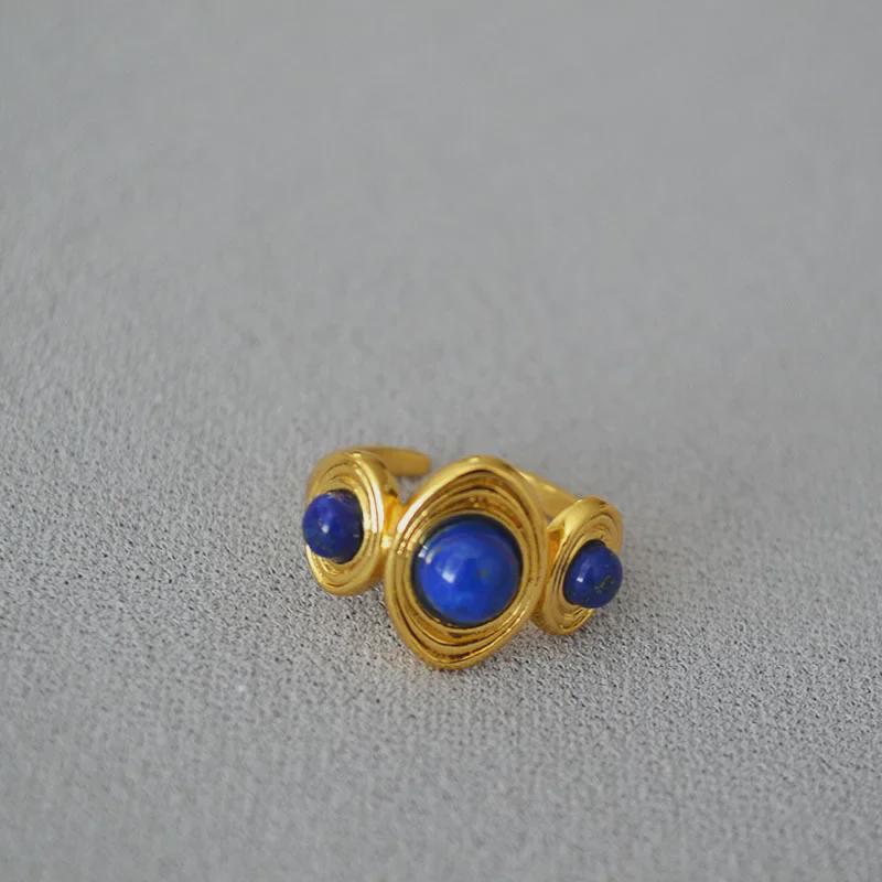 Retro European & American Brass Gold-Plated Ring with Inlaid Agate & Lapis Lazuli Stones for Women