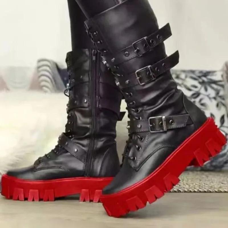 Damskor Ny Mode Stövlar med Korsband Sidozipp Moderna Stövlar Dam Högkvalitativt Spänne Mid-Calf Stövlar