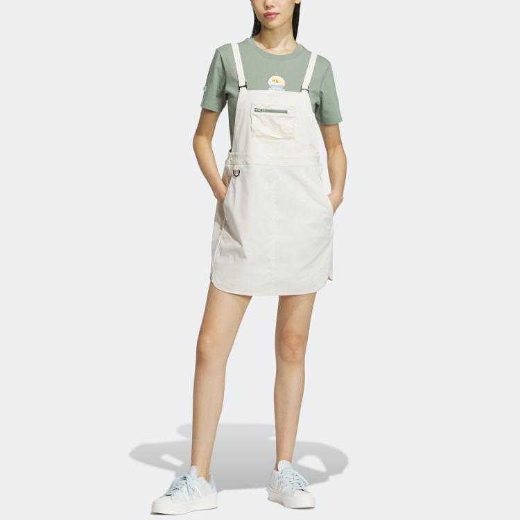Adidas Solid Color Zip Pocket Short Sports Overall Dress Women Dress Wonder-White IK8605