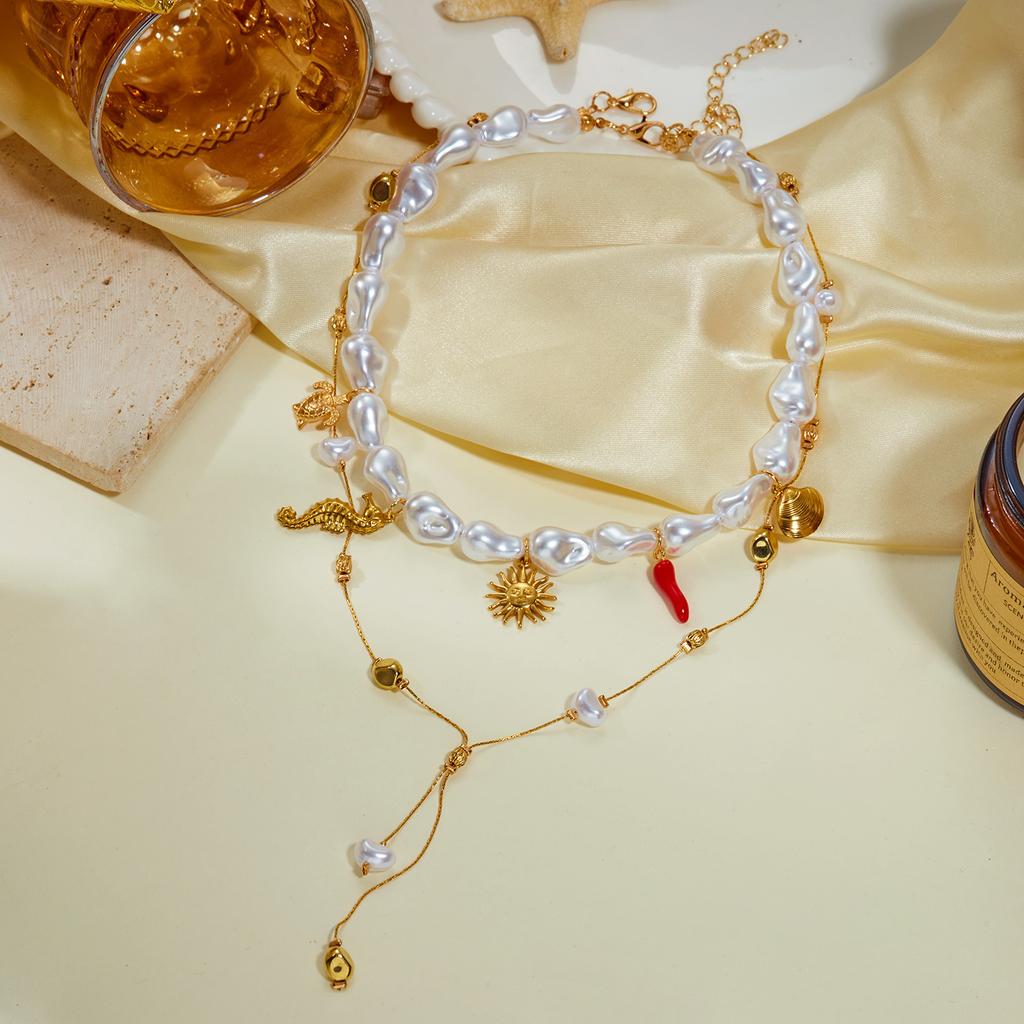 Bohemian Baroque Irregular Imitation Pearl Necklace For Women Ocean Starfish Seahorse Turtle Sun Coral Choker Beach Jewelry