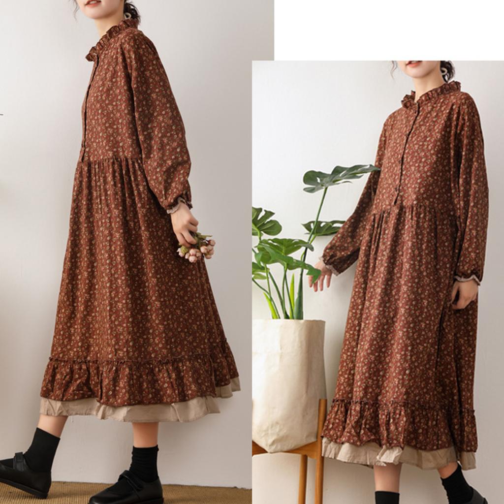 Women's Fashion Cotton Linen Long Sleeve Splicing Loose Large Size Floral Dresses