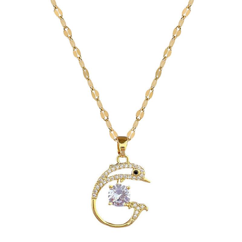 Light Luxury Temperament Gorgeous Full Diamond Dolphin Necklace Female Versatile Collarbone Chain Titanium Steel Chain