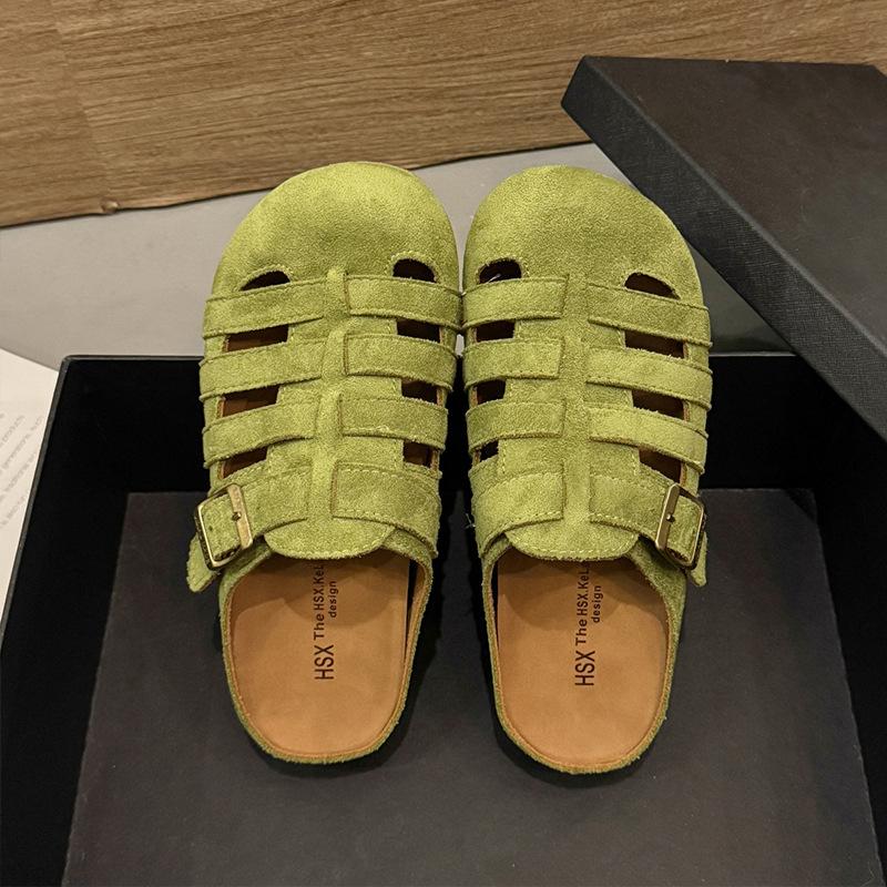 Baotou half slippers women's summer outer wear 2025 new retro woven hollow breathable comfortable flat bottom lazy sandals
