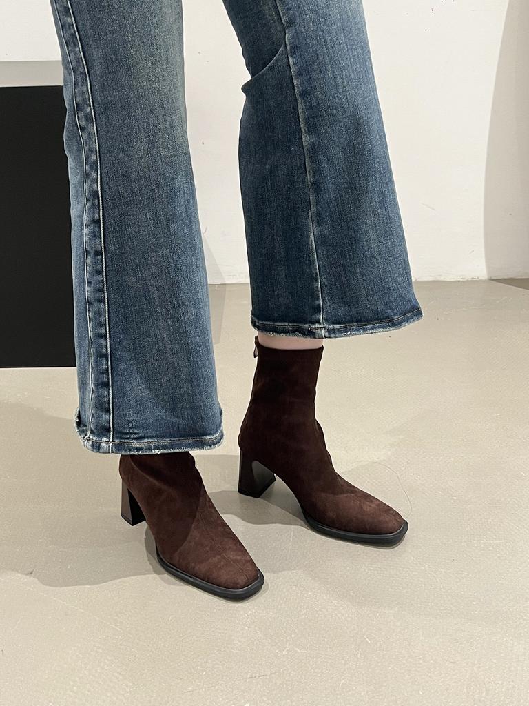 French Thick High Heel and Ankle Boots Martin Boots Women's Shoes New Autumn and Winter Short Tube Square Head Thin Elastic Boots