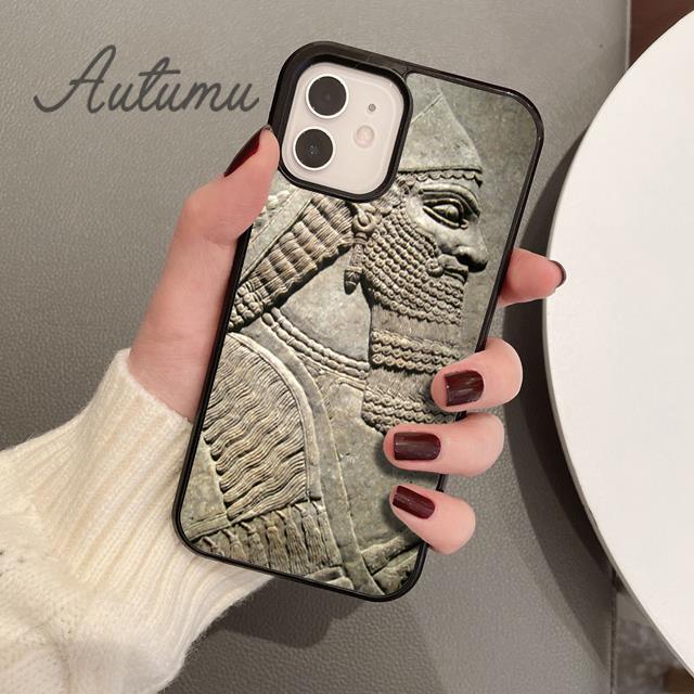 Carving Assyrian Mesopotamian Handyhülle für iPhone 11 12 13 14 Pro Max Mini X XR XS SE 2020 6 7 8 Plus Galaxy S21 S22 Schale