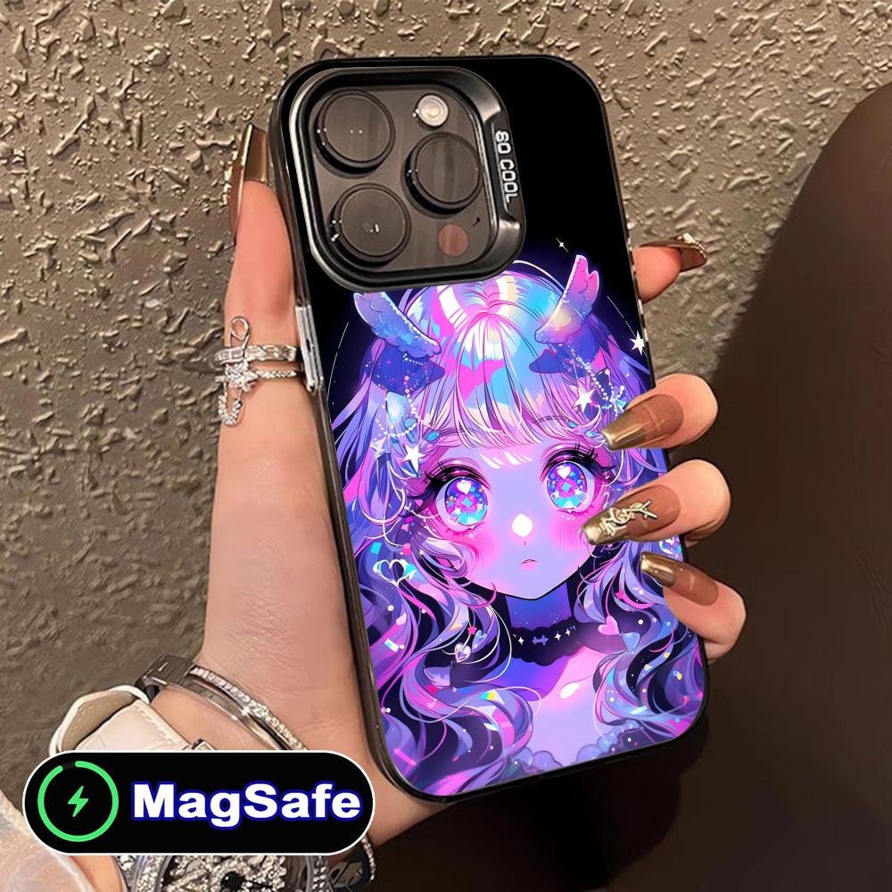 Kawaii Pink Anime Girl Phone Case for iPhone 16 15 14 13 12 11 Pro Max Plus MagSafe Translucent Colour Protective Cover Luxury