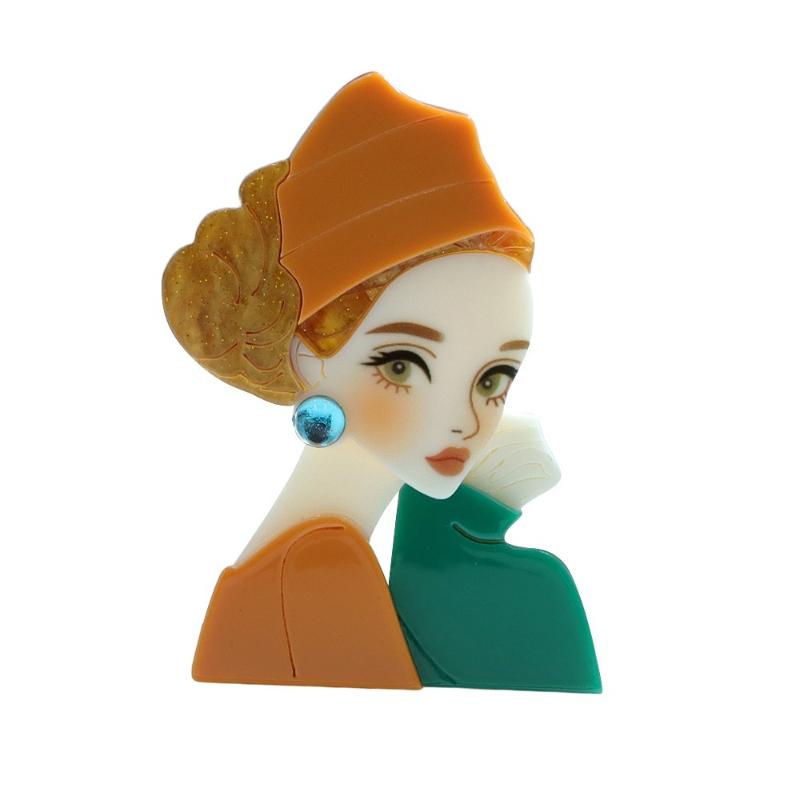 Acrylic Layered Girl In Sweater Winter Brooch Handmade Fashion Pin for Coat Scarf Bag Creative Jewelry Gift