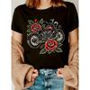 Women Motorcycle Floral Graphic T-Shirt White Red Rose Print Round Neck Short Sleeve Biker Casual Spring Summer Fall Top