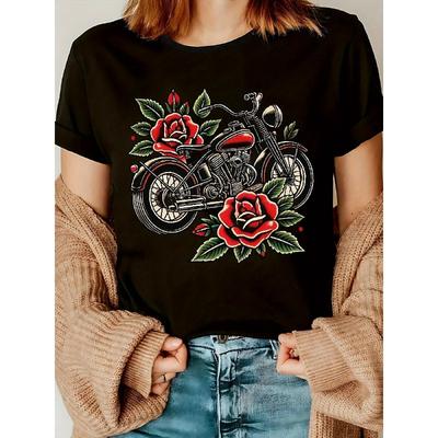 Damen Motorrad Blumen Grafik T-Shirt Weiß Rote Rose Druck Rundhals Kurzarm Biker Lässig Frühling Sommer Herbst Oberteil