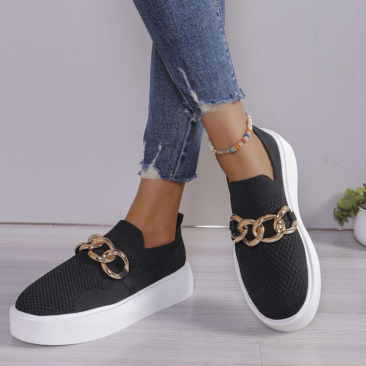 

European and American foreign trade thick-soled fly-woven breathable low-top single shoes women s chain decorative foot cover lazy loafers wish 36 чёрный