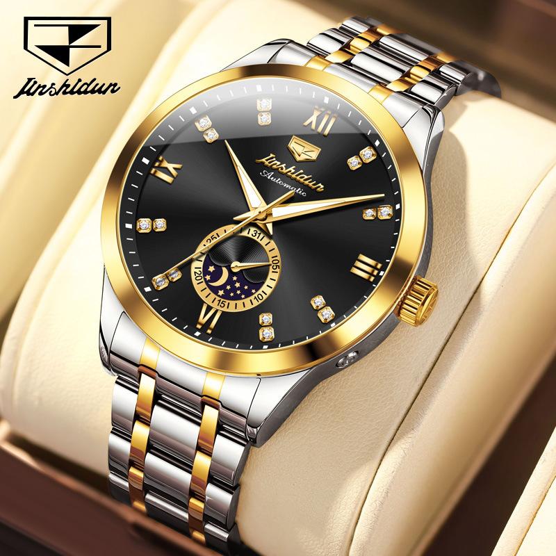 JINSHIDUN Fully Automatic Mechanical Watch Moon Phase Three-hand Men's Wristwatch