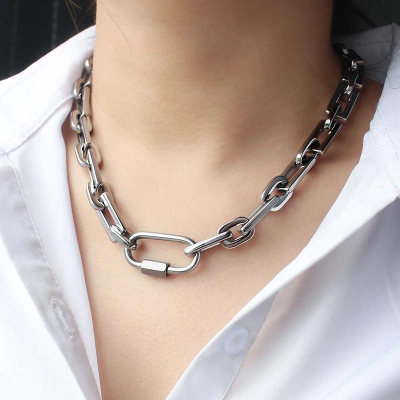 Trendy Style Gold Color Stainless Steel Thick Rectangular Link Chains Necklace for Women Men Carabiner Pendant Chunky Necklace