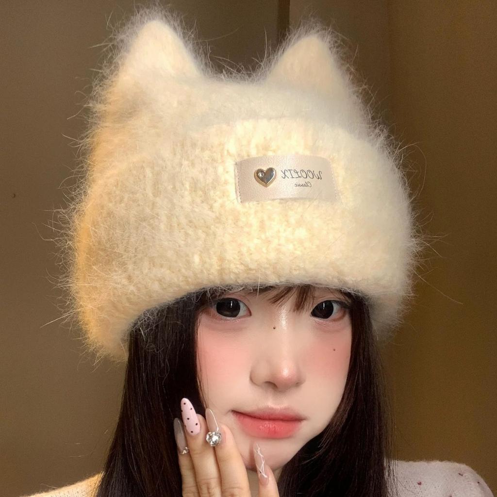 Autumn and winter new cute cat ears solid color knitted wool hat warm ear protector cold hat women's versatile headhat