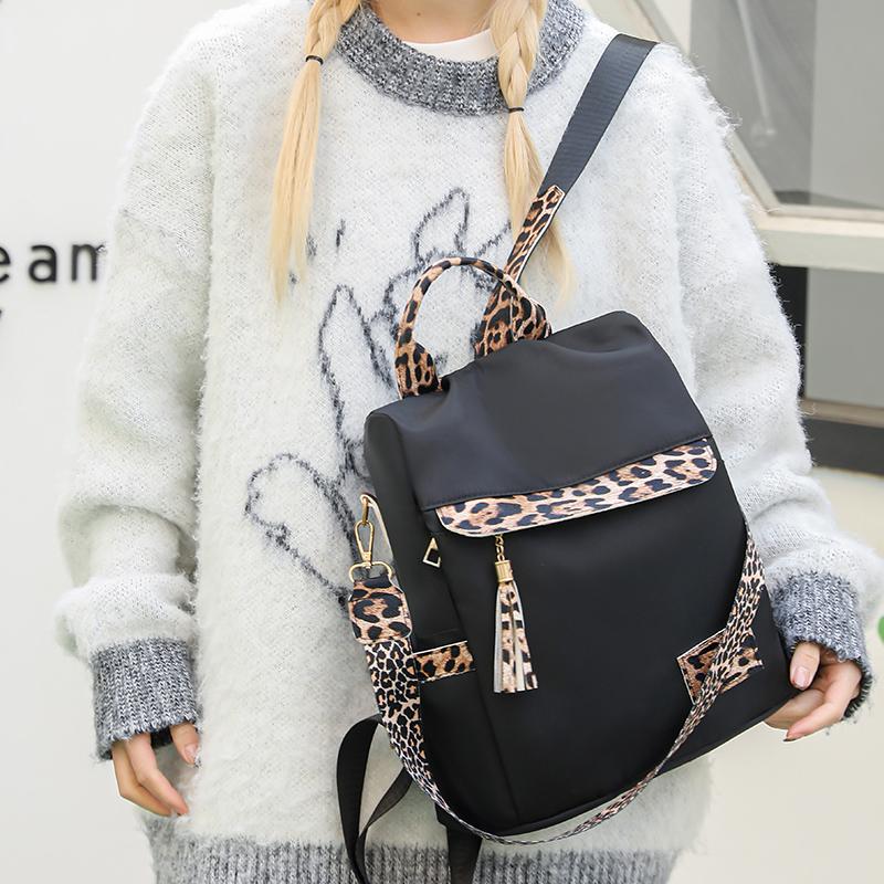 Nylon Leopard Print Women's Anti-theft Backpack Tassel Large Capacity Color Contrast Travel Backpack