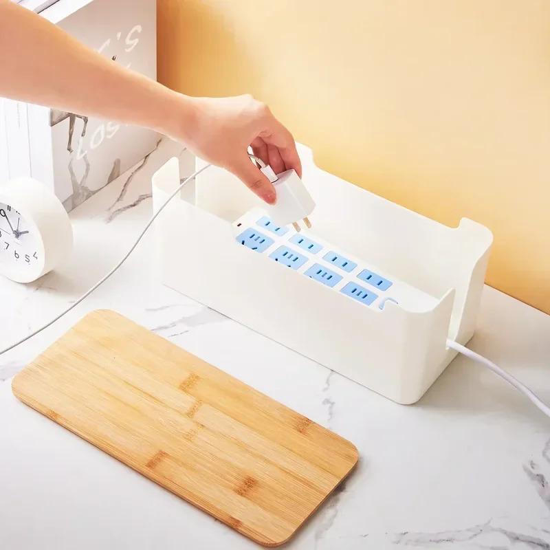 Fa irodai kábel tároló doboz Tápvonal Vezetékkezelés Szervező Töltő Aljzat Hálózati Vonal Tároló Tálcák Asztali tárolók