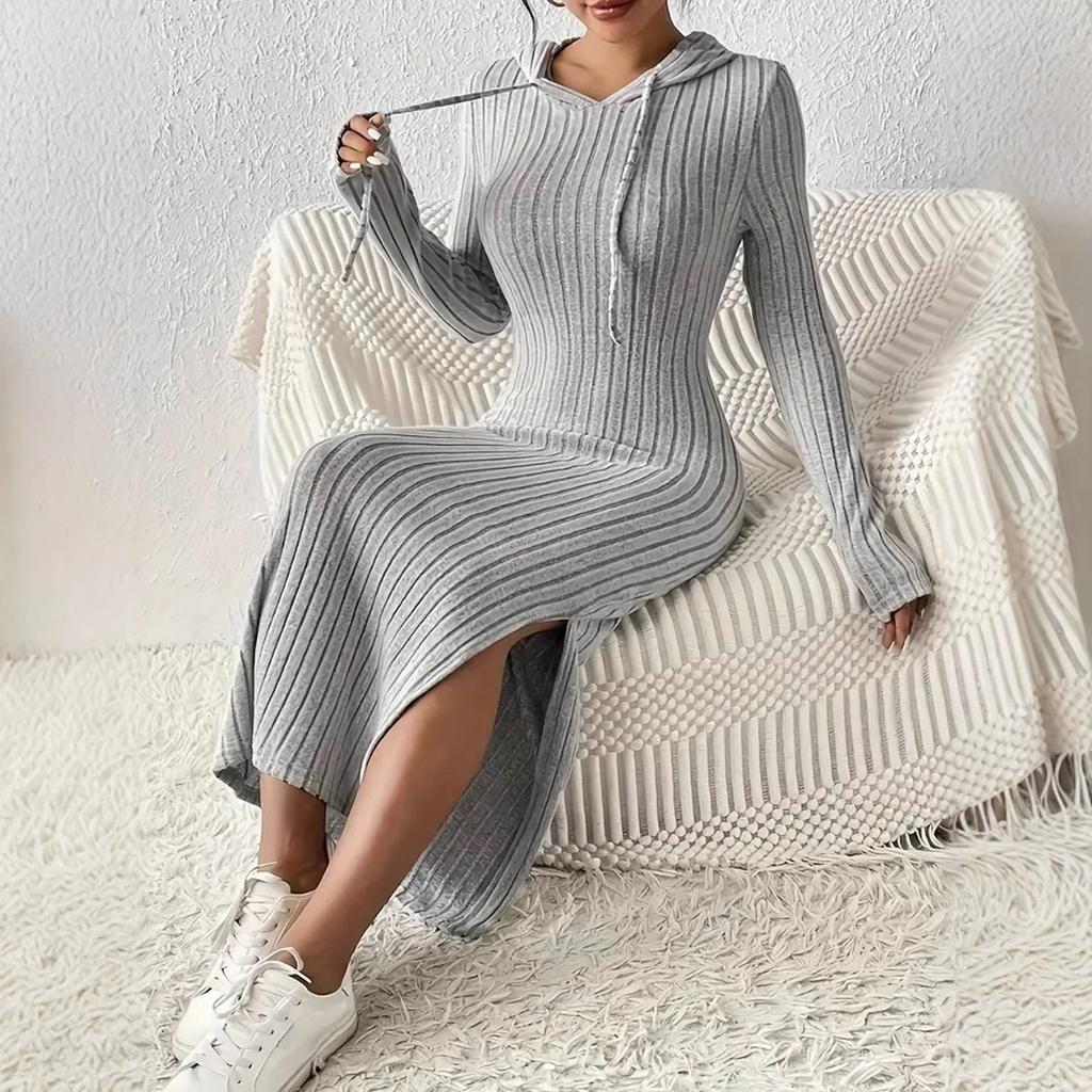 Vestido largo con capucha de manga larga para mujer, ajustado, elástico, informal, con abertura lateral, de punto, para otoño e invierno