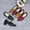 Soft leather medium heel single shoes spring and autumn new pointed commuting embossed thick heel deep mouth leather shoes