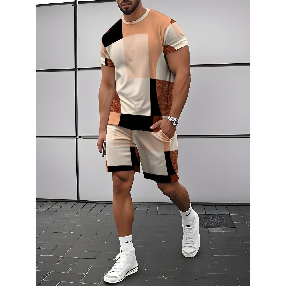 Men s Color-Block Short-Sleeve T-Shirt Casual Sportswear Set, Summer Fashion Men s 2pcs Outfit S