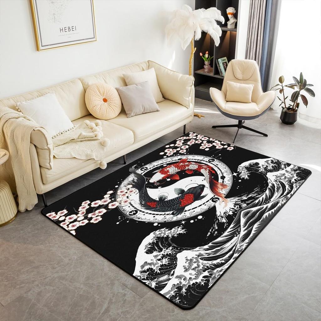 Japanese Ukiyo-e Great Wave Crane & Cherry Blossom Print Area Rug, Non-Slip Floor Mat for Living Room Bedroom Home Decor Carpet