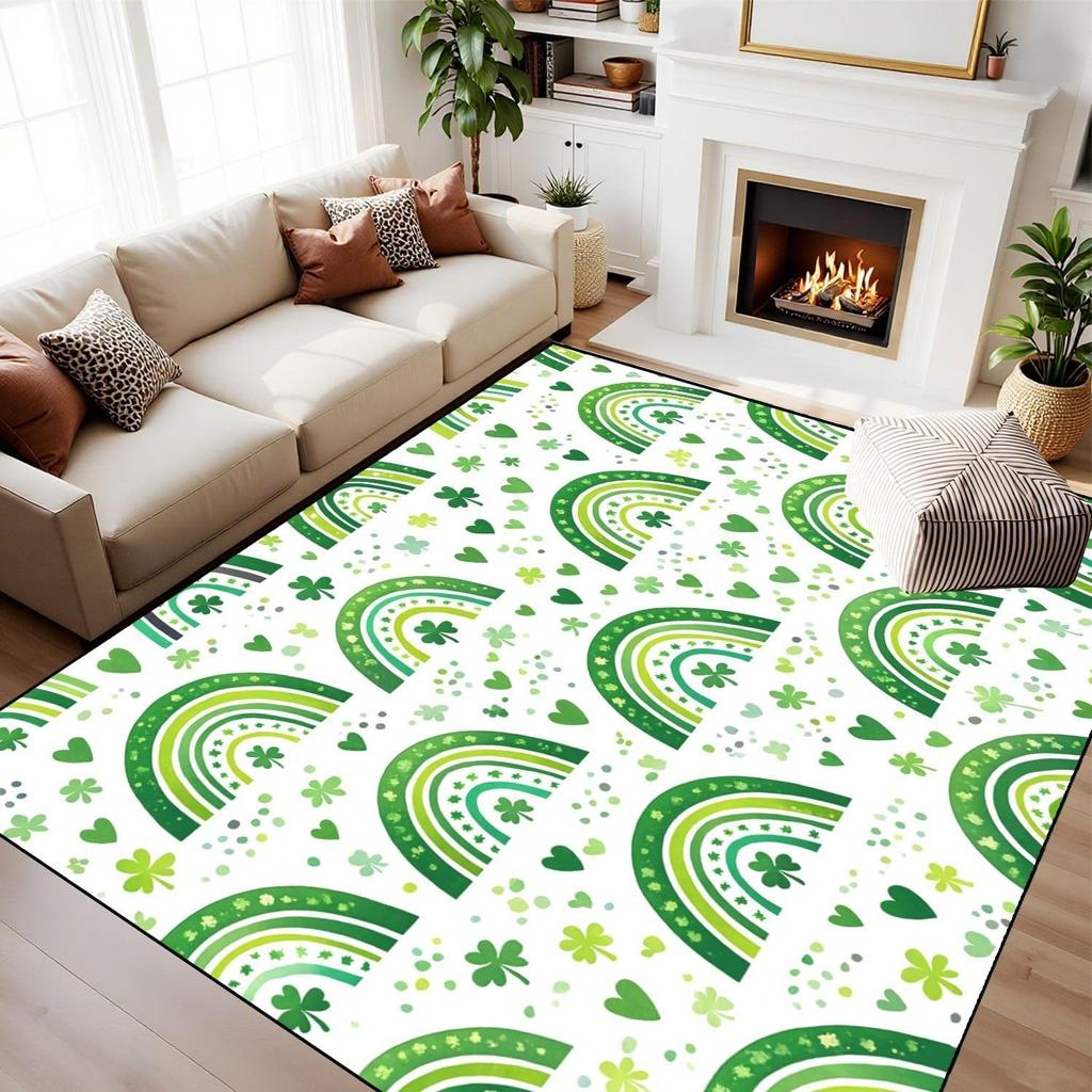 St Patricks Day Rainbow Rug Irish Green Clover Shamrock Print Decor Carpet Soft Non-Slip Floor Mat for Living Room Holiday Party