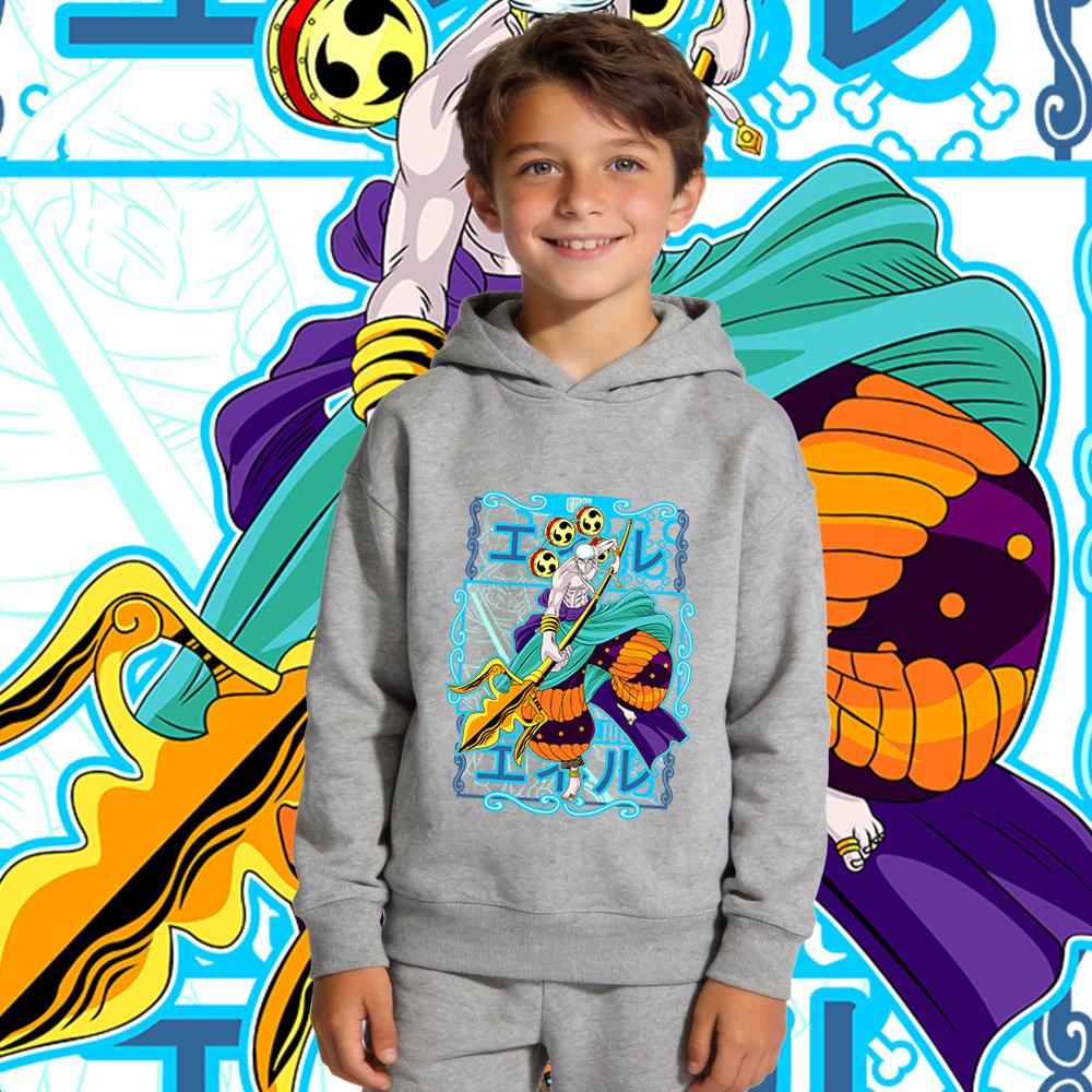 One Piece Enel Anime Print Hoodie Boys Girls Fall Winter Warm Fleece Hooded Sweatshirt Children Casual Pullover Top