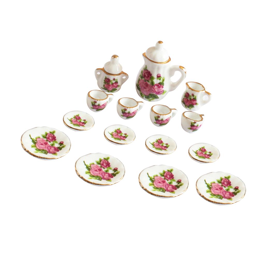 1/12 Dollhouse Miniature Dining Ware Porcelain Tea Set Dish Cup Plate Pot 15Pcs White+Pink/Green