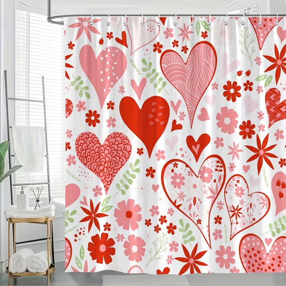 Love Theme Shower Curtain - Pink Flowers & Daisies, Warm Background, Romantic Design, 12 Hooks, Ideal for Mother's Day Gift