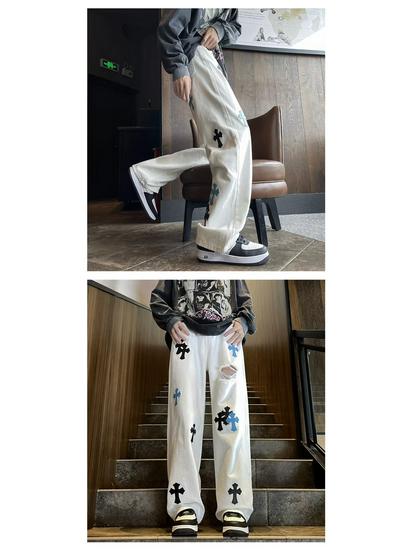 2023 American High-Street Unisex Casual Straight-Leg White Jeans
